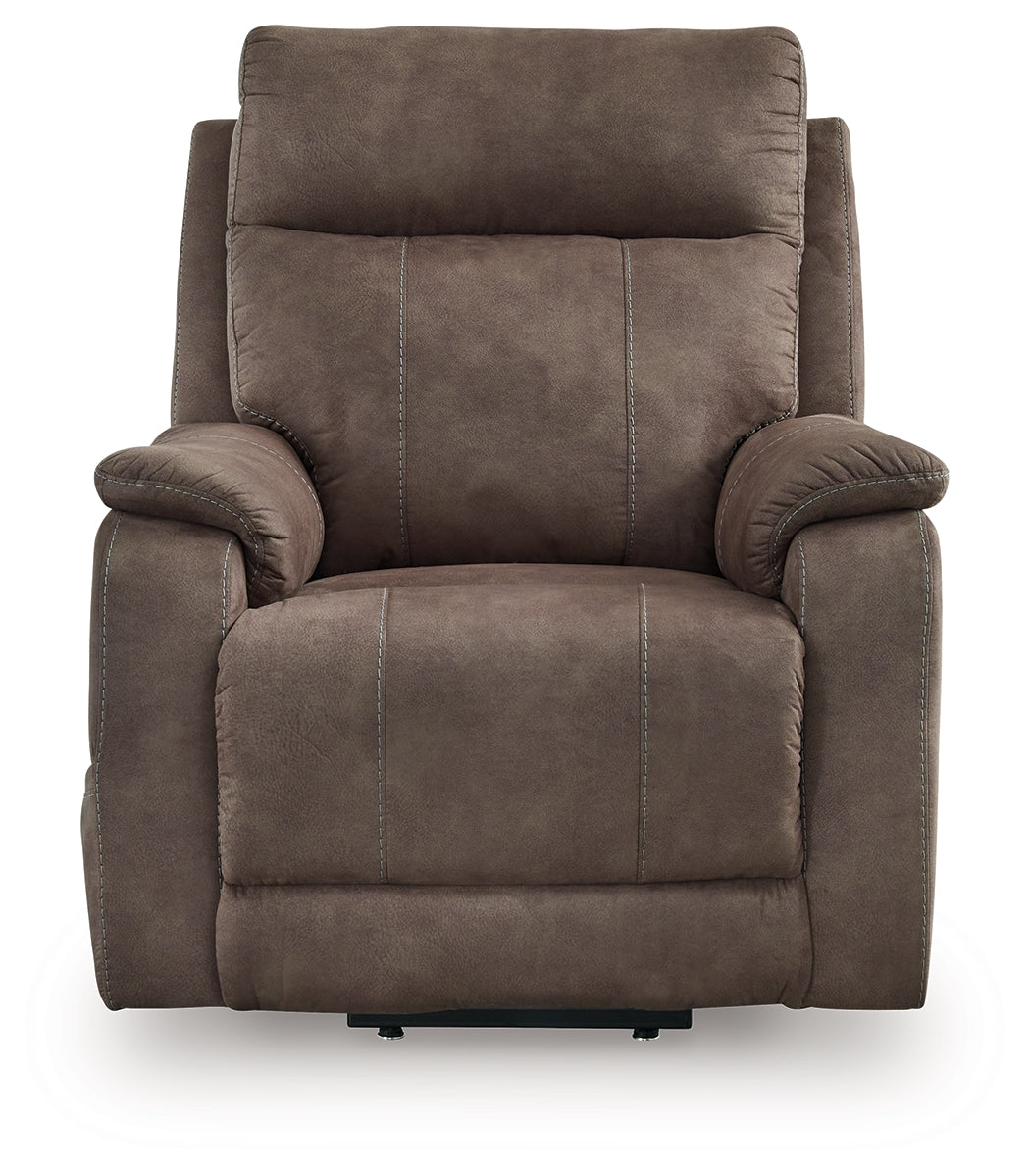 Reclining position of Crestmeade Espresso Faux Leather Power Lift Recliner