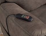 Close-up side view showing control wand of Crestmeade Espresso Faux Leather Power Lift Recliner