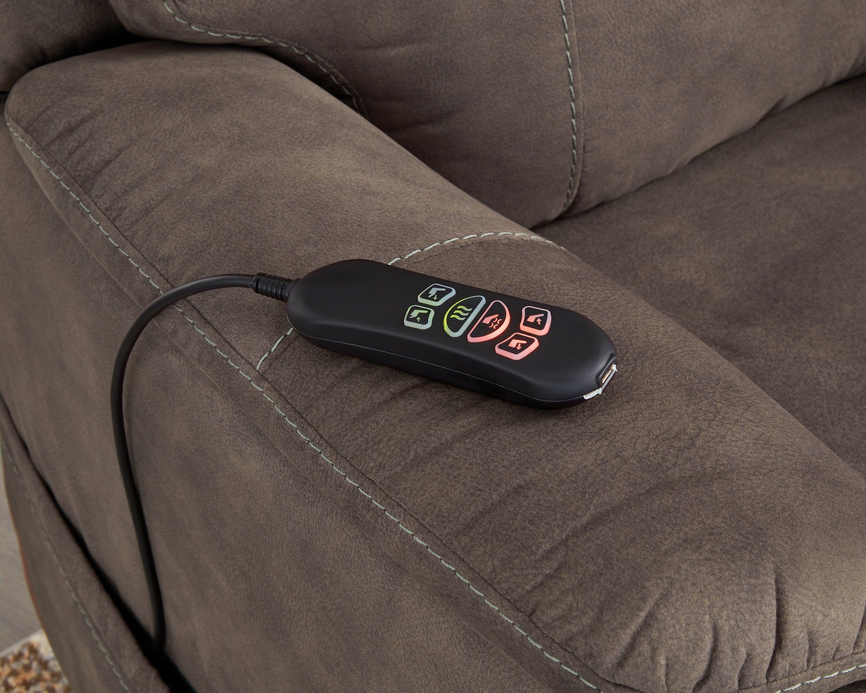 Close-up side view showing control wand of Crestmeade Espresso Faux Leather Power Lift Recliner