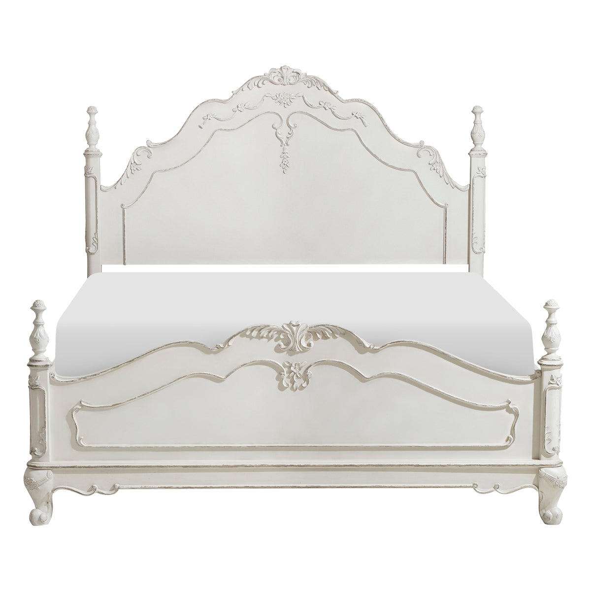 Cinderella Queen Bed front view with antique white and gray rub-through finish