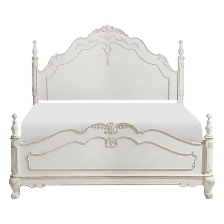 Cinderella Queen Bed front view with antique white and gray rub-through finish