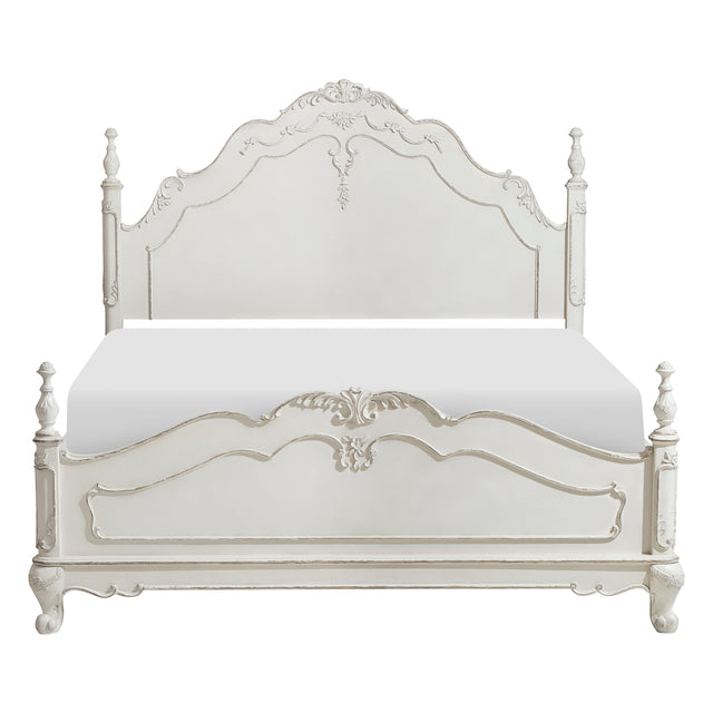 Cinderella Queen Bed front view with antique white and gray rub-through finish
