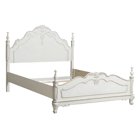 Detailed view of headboard floral carving and finials