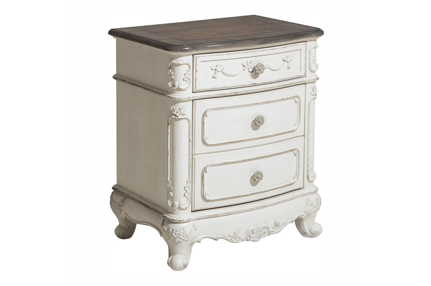 Cinderella Antique White Youth Panel Bedroom Set - Side angle with bed and dresser