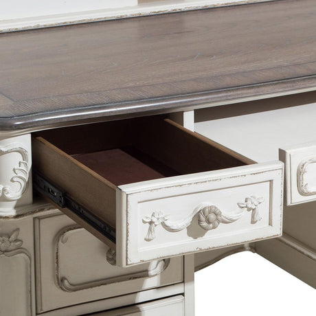 Open drawer detail of Cinderella antique white and gray rub-through writing desk