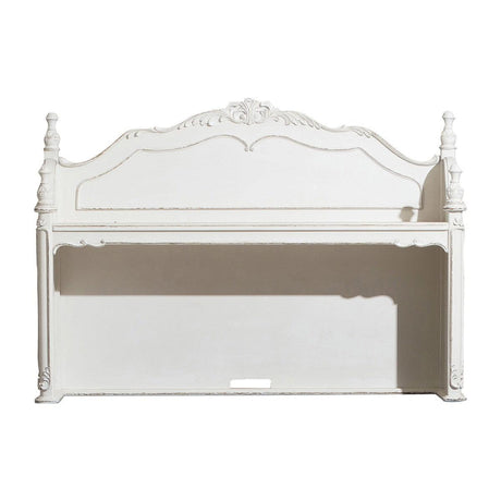 Front view of Cinderella antique white and gray rub-through birch veneer writing hutch