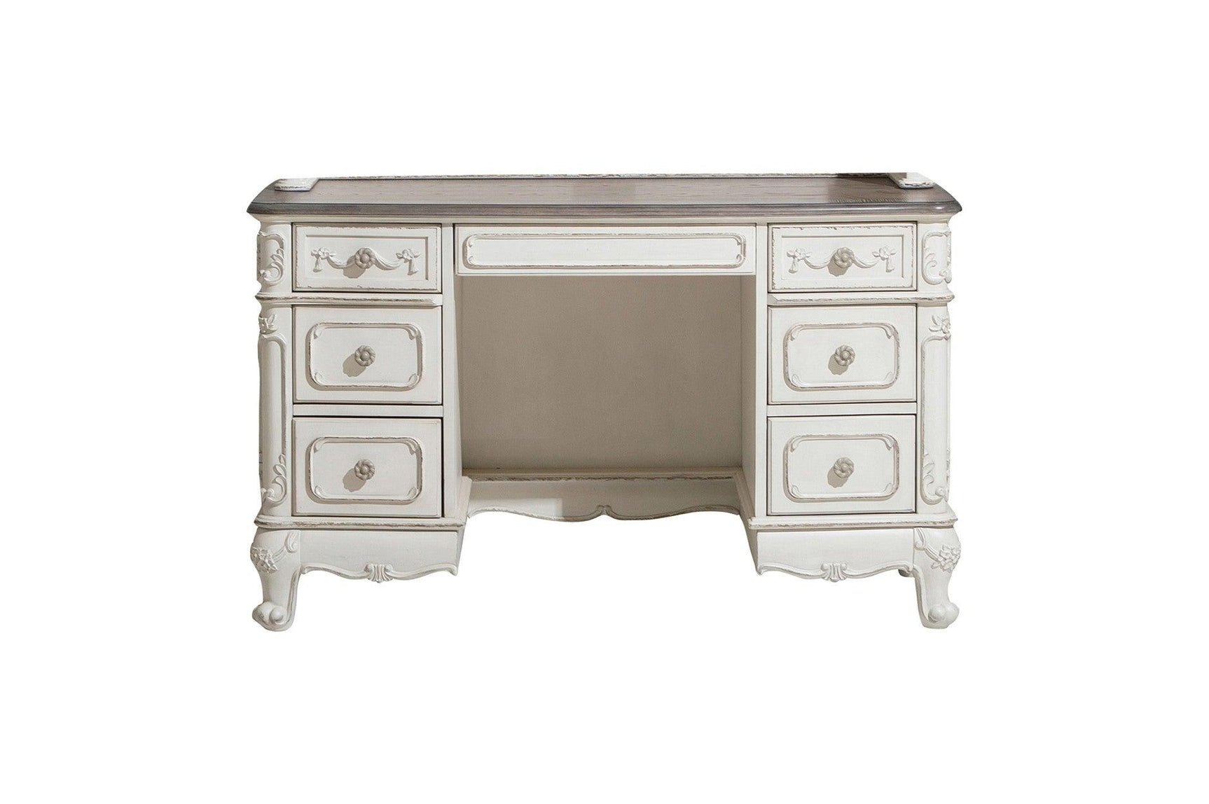 Full desk and hutch side angle showing scalloped edges