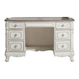 Cinderella Writing Desk front view showcasing antique white finish with gray rub-through and oak accents