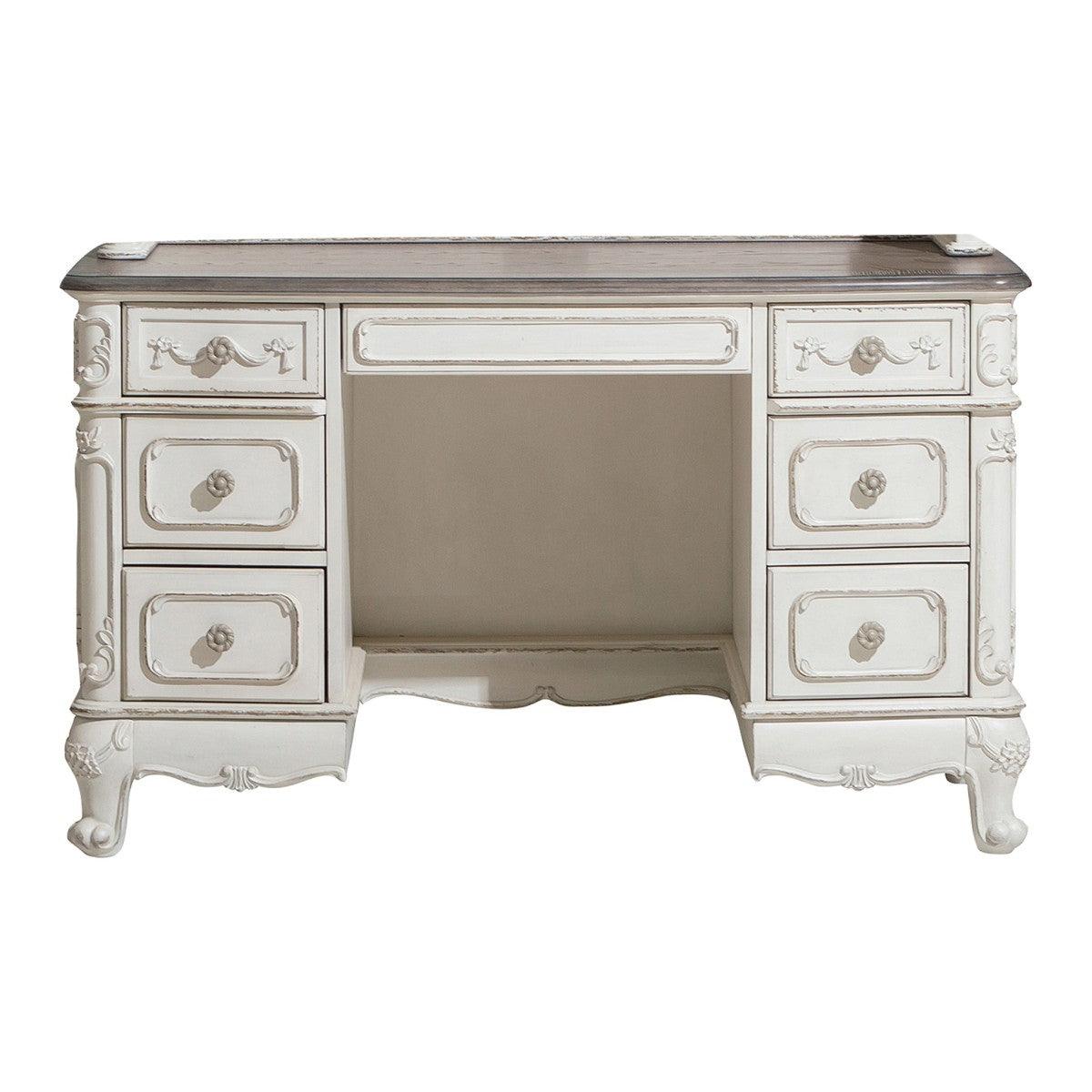 Cinderella Writing Desk front view showcasing antique white finish with gray rub-through and oak accents
