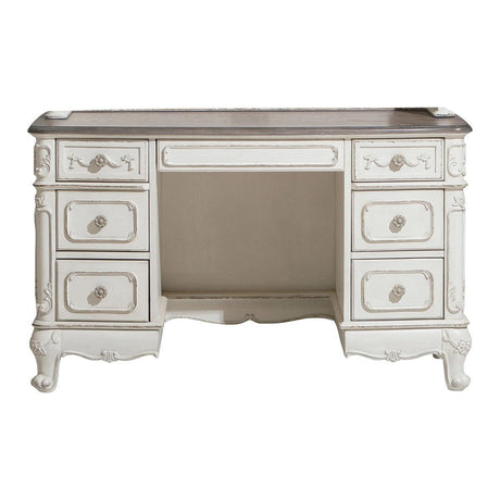 Cinderella Writing Desk front view showcasing antique white finish with gray rub-through and oak accents
