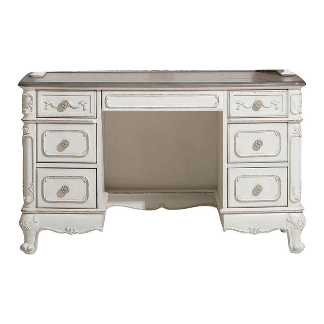 Cinderella Writing Desk front view showcasing antique white finish with gray rub-through and oak accents