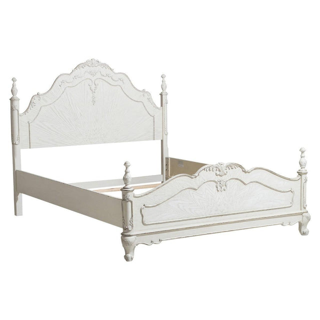 Cinderella full bed antique white gray rub-through angled side view