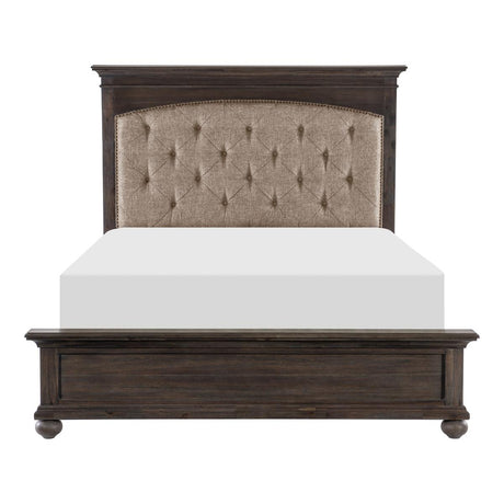 Motsinger Brown Fabric Tufted Queen Bed front view with upholstered headboard