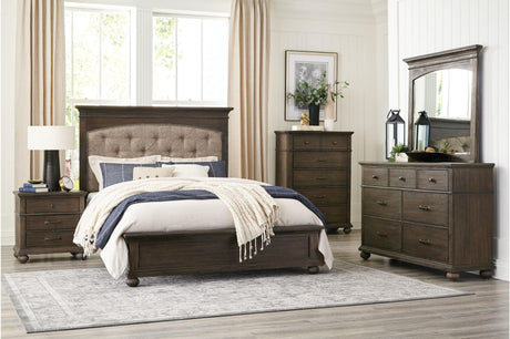 Motsinger brown fabric tufted panel bedroom set bed main view