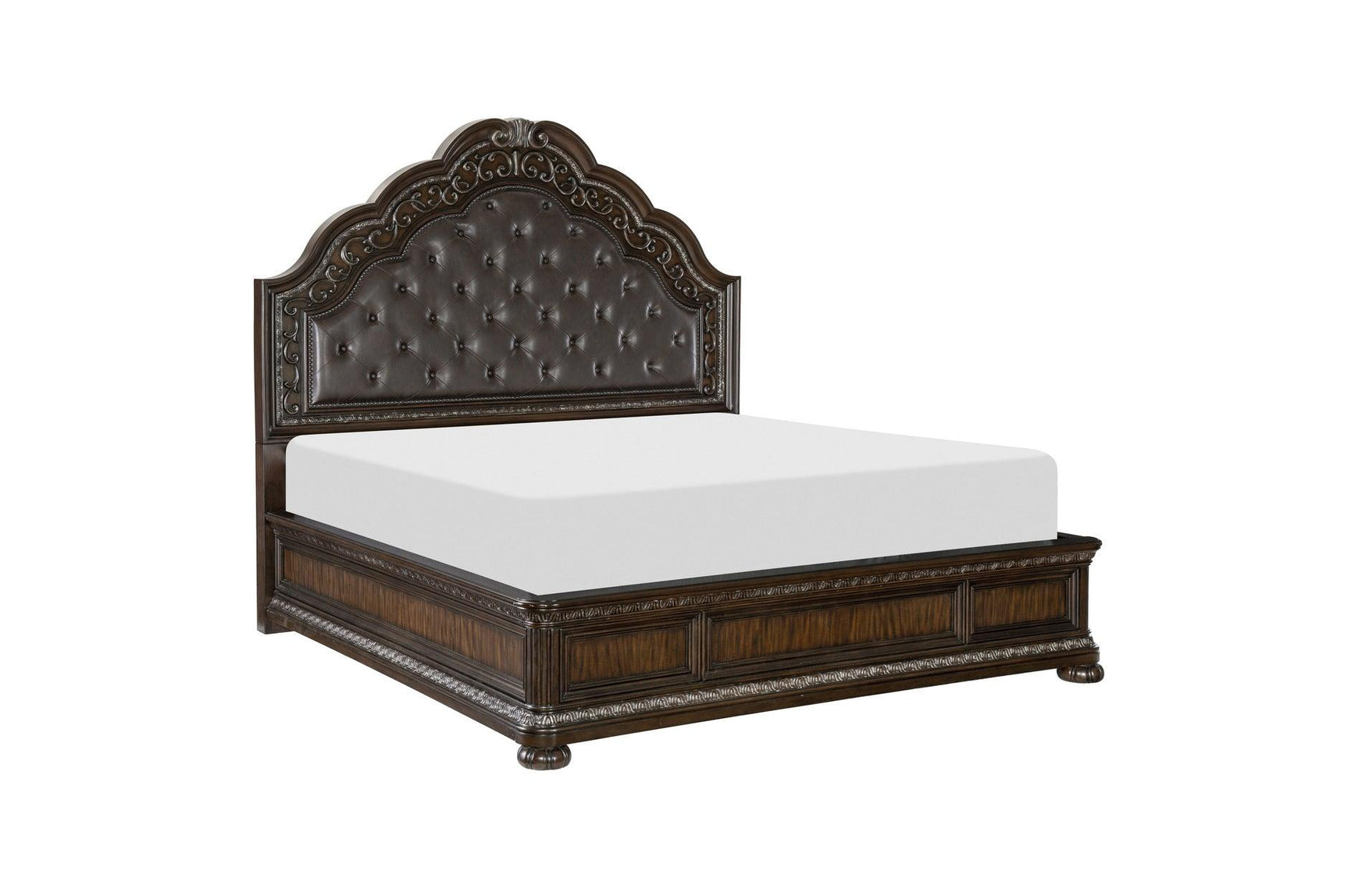 Bedroom view showing Beddington Dark Cherry Faux Leather Tufted Sleigh Bed
