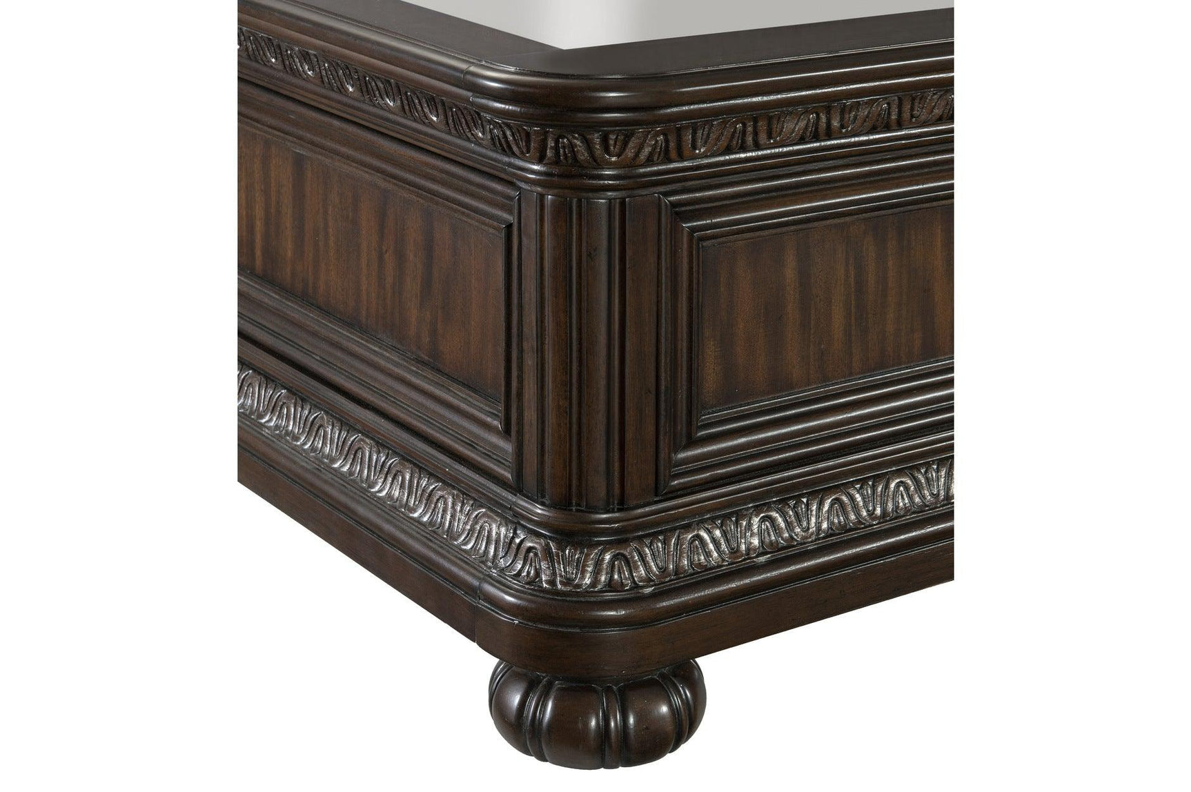 Side detail of Beddington Bed rail with dark cherry finish