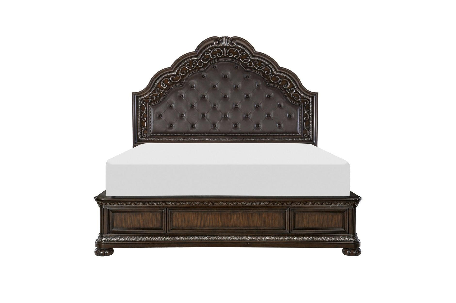 Side view of Beddington Dark Cherry Faux Leather Tufted Sleigh Bed