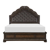 Beddington king bed showing full front view with tufted dark brown faux leather headboard