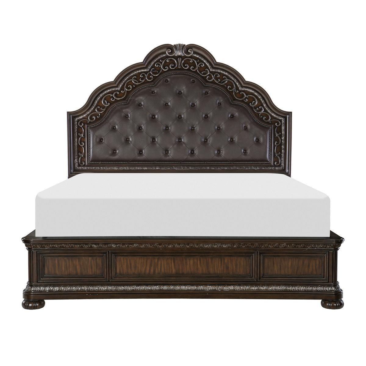 Beddington king bed showing full front view with tufted dark brown faux leather headboard