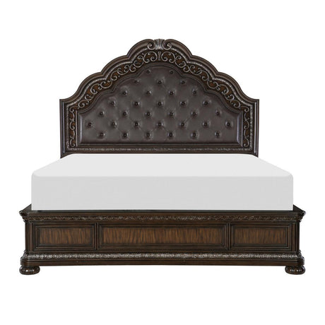 Beddington king bed showing full front view with tufted dark brown faux leather headboard