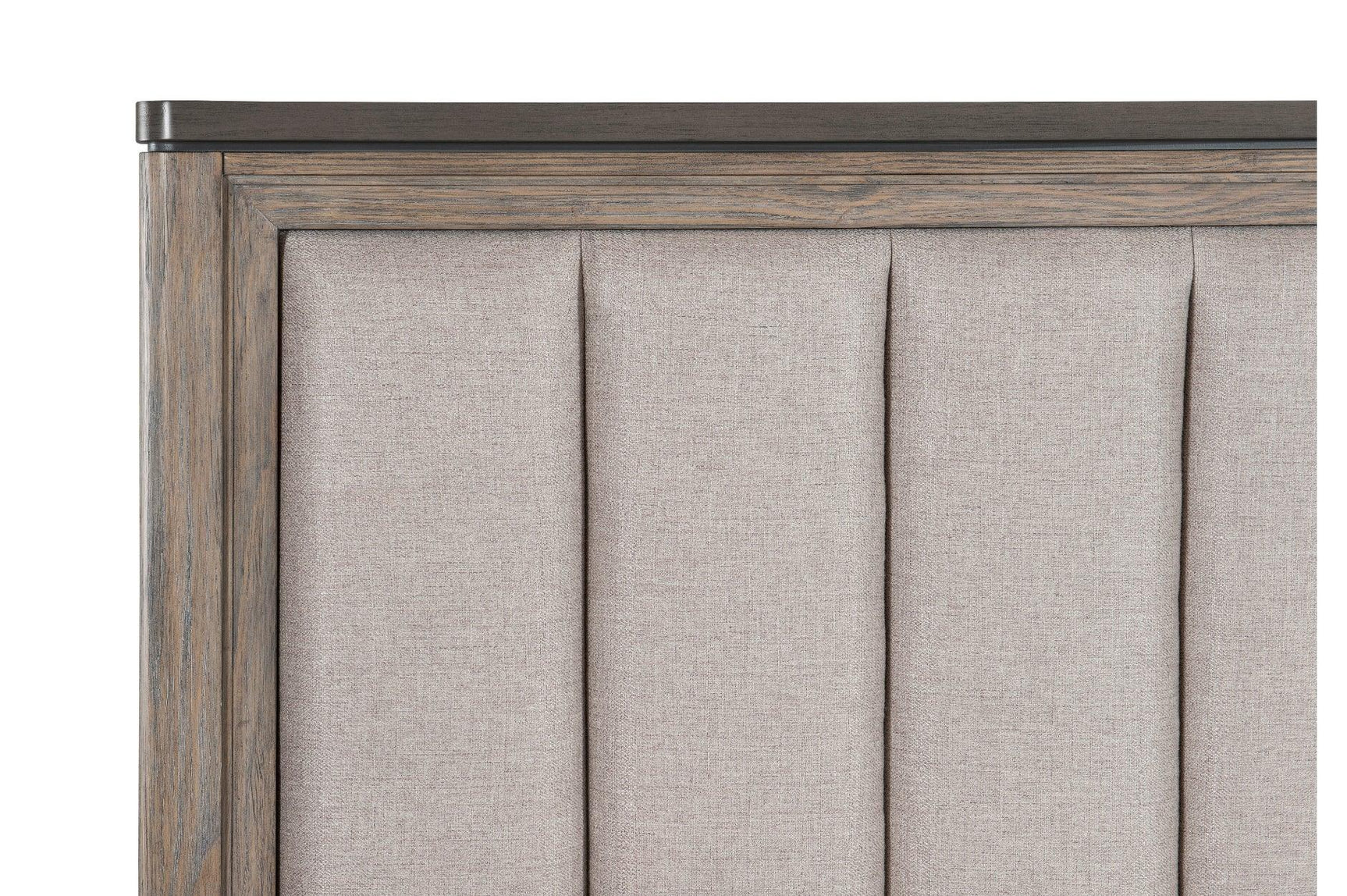 Close side view of fabric detail on Newell Gray Two-Tone Panel Bed