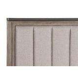 Close-up of light brown textured fabric upholstered headboard on Newell King Bed
