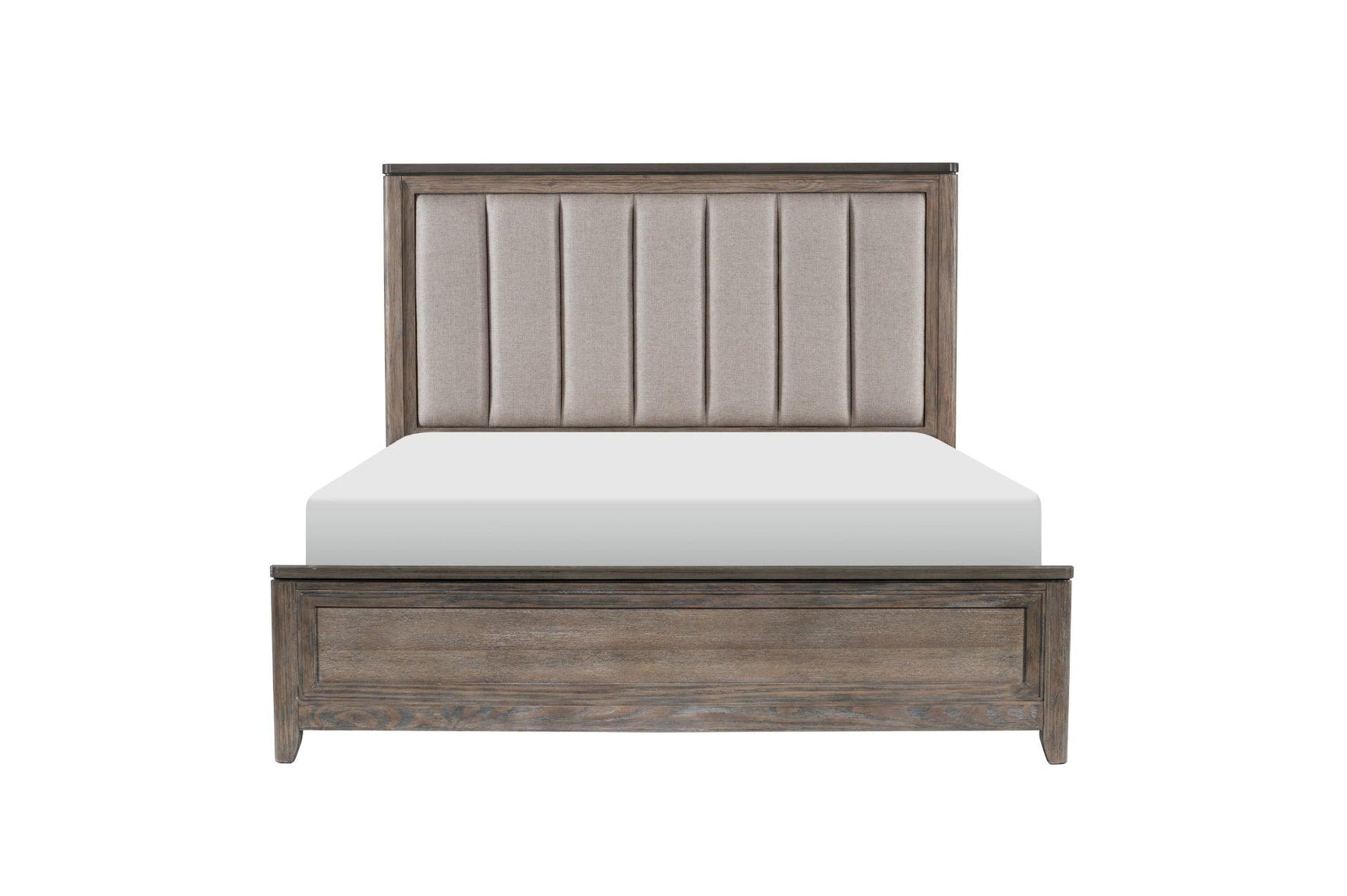 Side view of Newell Gray Two-Tone Fabric Upholstered Panel Bed