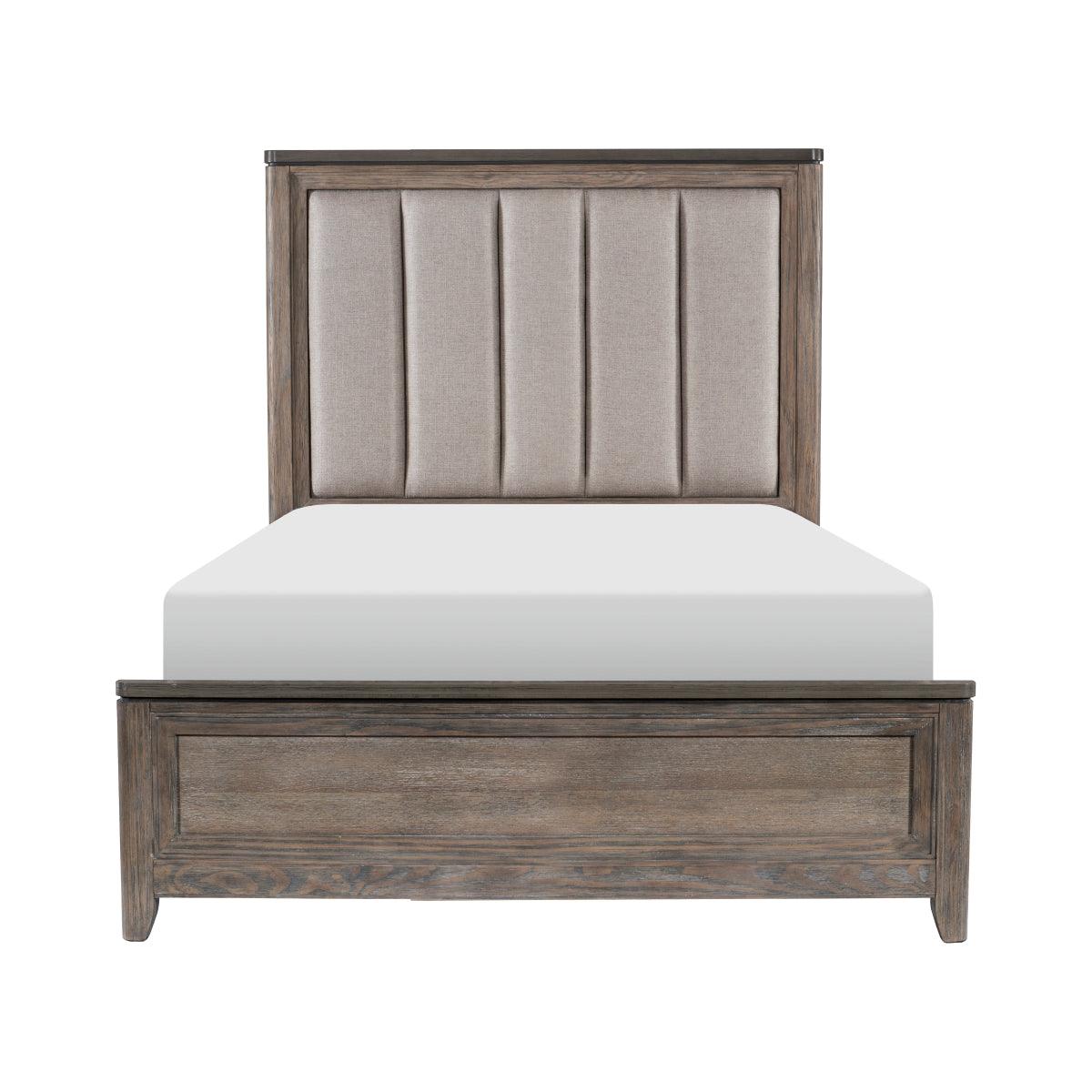 Newell Light Brown Fabric Upholstered Queen Bed, front view showing headboard and footboard