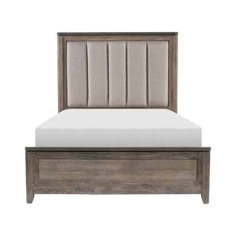 Newell Light Brown Fabric Upholstered Queen Bed, front view showing headboard and footboard