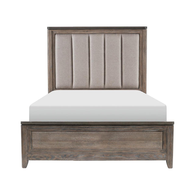Newell Light Brown Fabric Upholstered Queen Bed, front view showing headboard and footboard