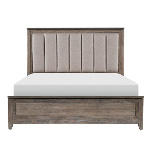 Newell Light Brown Oak Fabric Upholstered King Bed front view