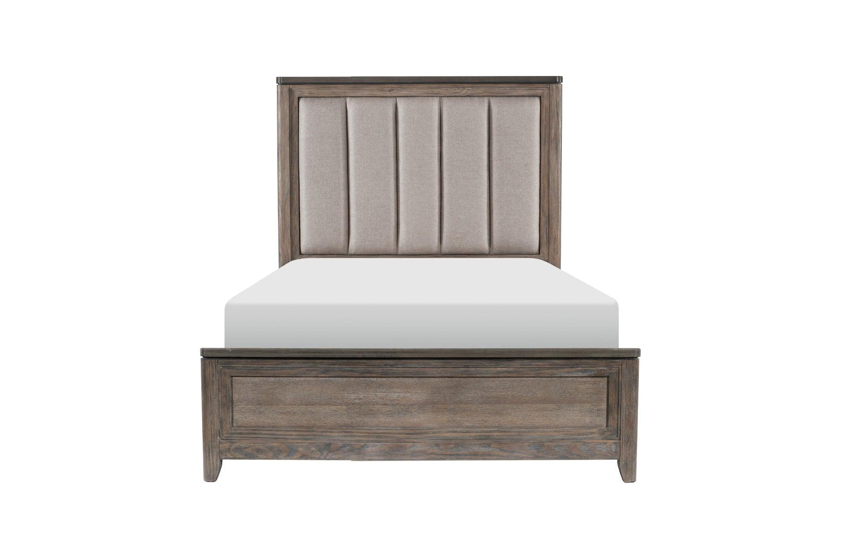 Side angle of Newell Gray Two-Tone Fabric Upholstered Panel Bed