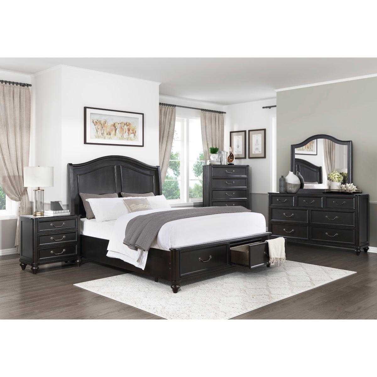 Herman King Bed set up in bedroom with charcoal brown finish