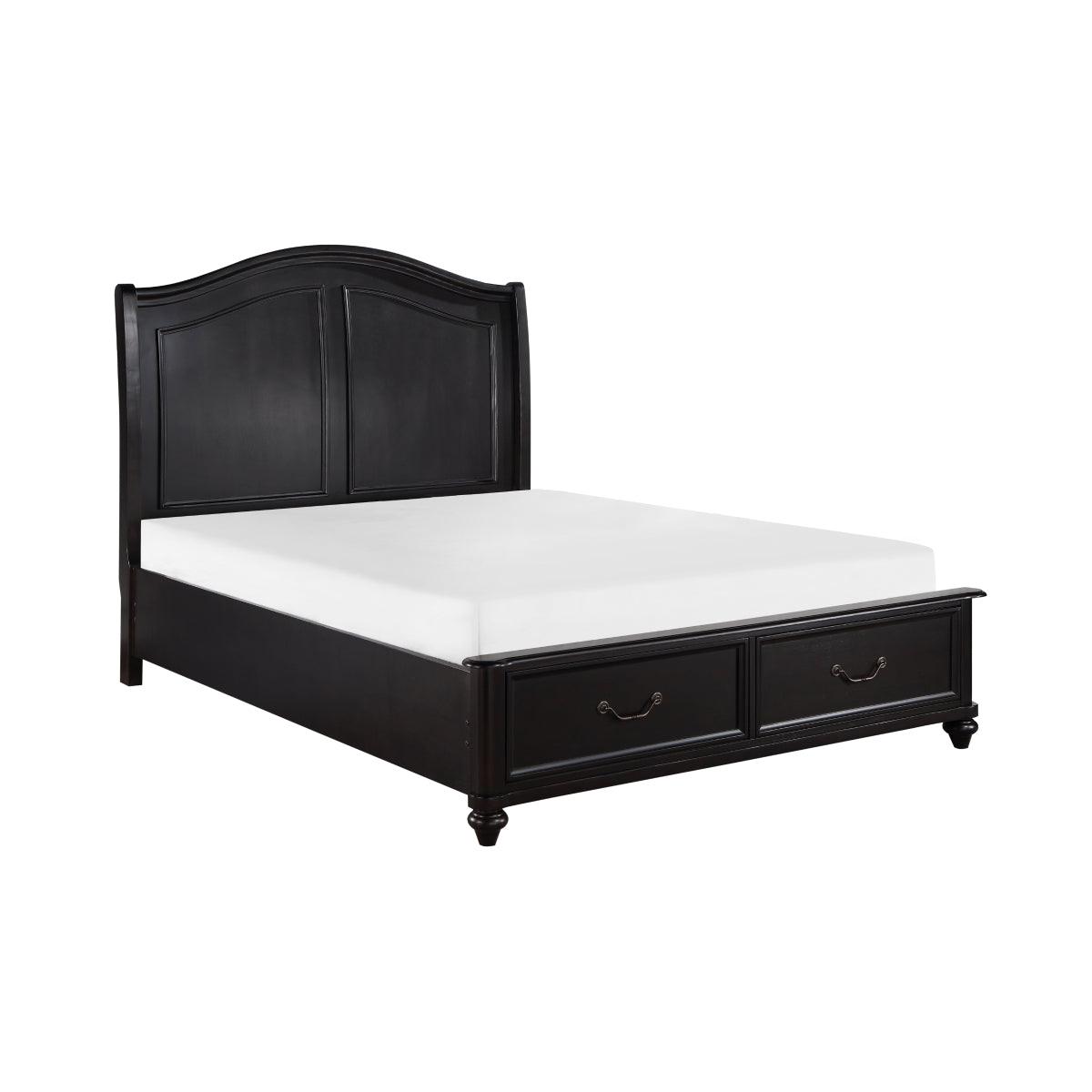 Side view of Herman Charcoal Brown Upholstered King Bed showing storage drawers