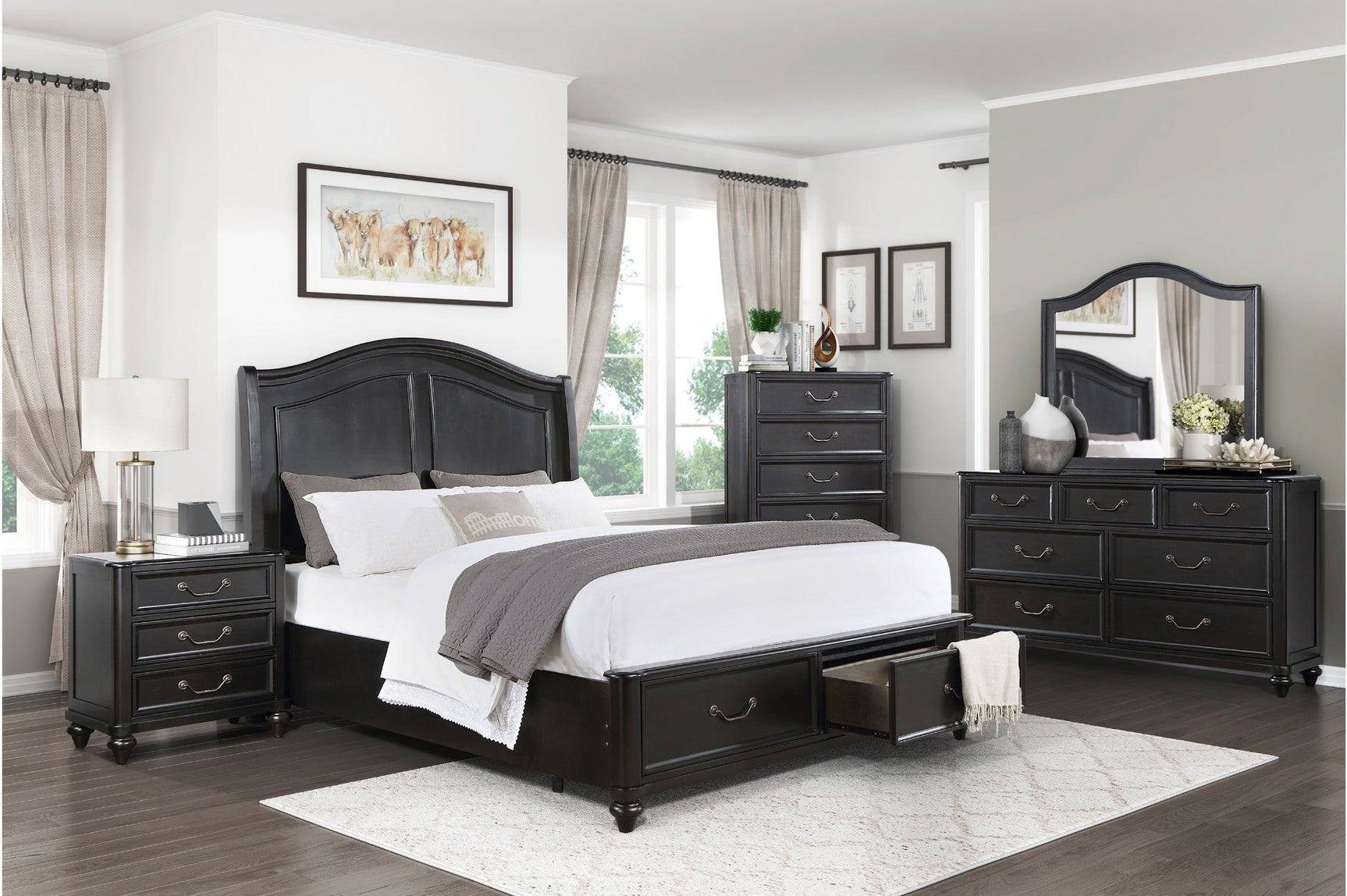 Front view of Herman Charcoal Brown upholstered bed