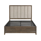 Dark walnut finished mindy veneer platform bed with storage drawers open