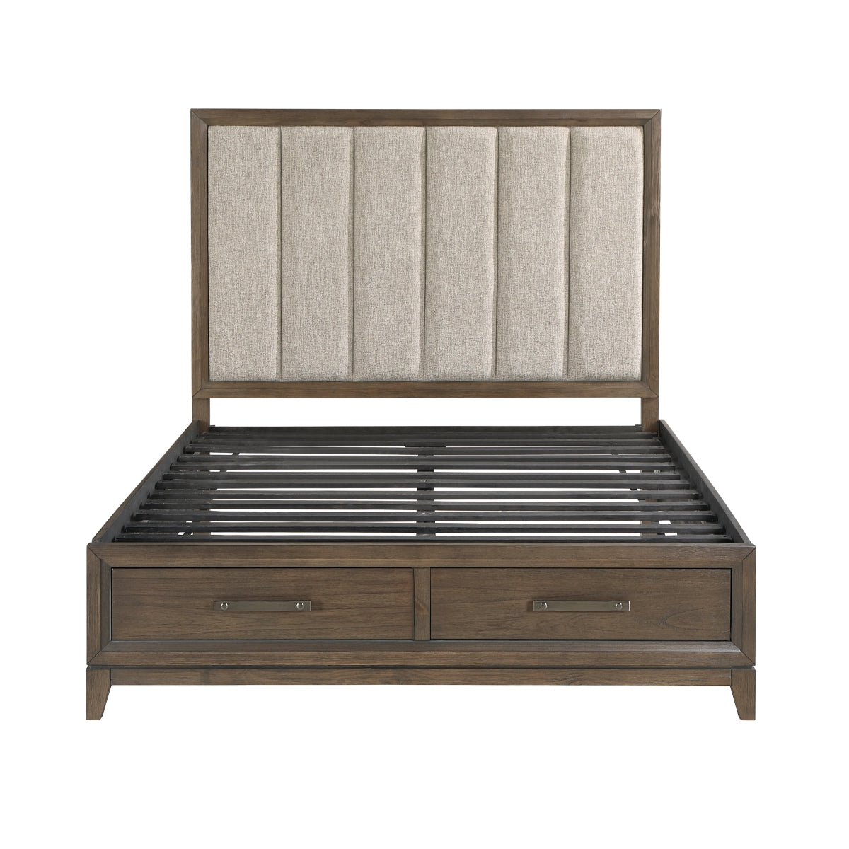 Dark walnut finished mindy veneer platform bed with storage drawers open