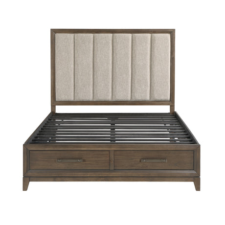 Dark walnut finished mindy veneer platform bed with storage drawers open