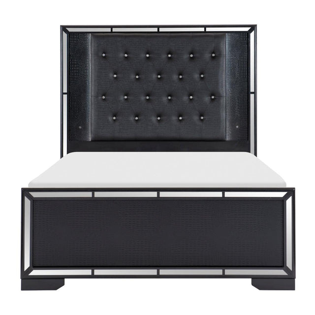 Aveline Black Faux Alligator Faux Leather Upholstered Queen Bed front view