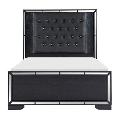 Aveline Black faux alligator embossed king bed front view with LED-lit upholstered headboard