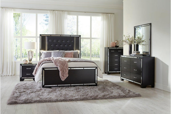 Aveline Black Faux Leather LED Upholstered Tufted Panel Bedroom Set bed main view