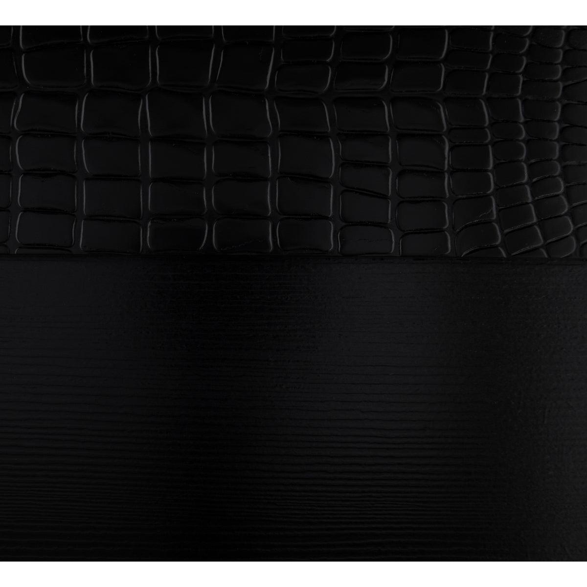 Aveline Black Faux Alligator Faux Leather Upholstered Queen Bed panel detail with mirror trim