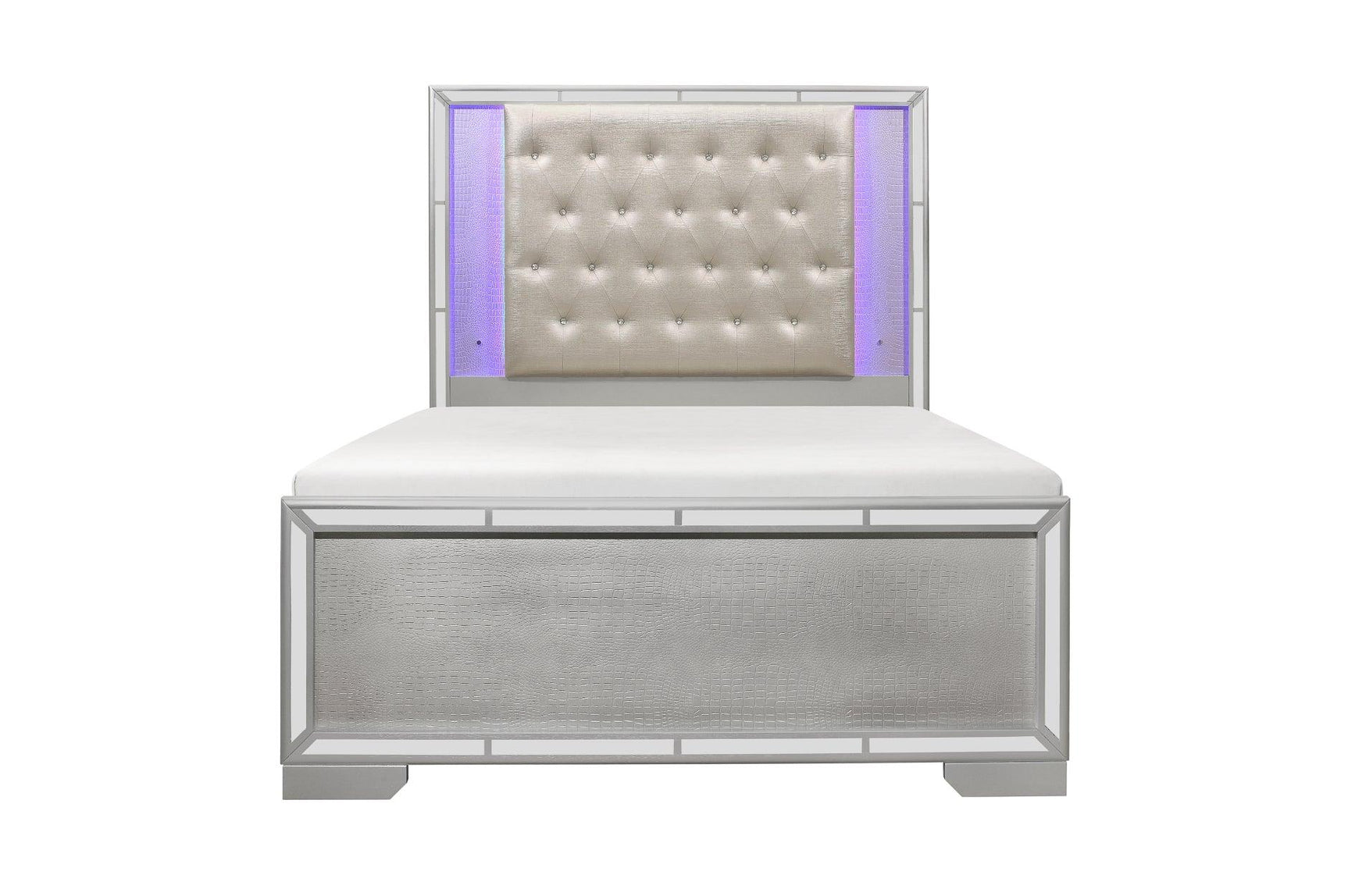 Side view of Aveline Silver Faux Leather Upholstered Tufted Panel Bedroom Set bed