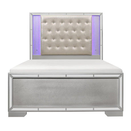Aveline King panel bed silver faux leather tufted headboard with LED lighting front view