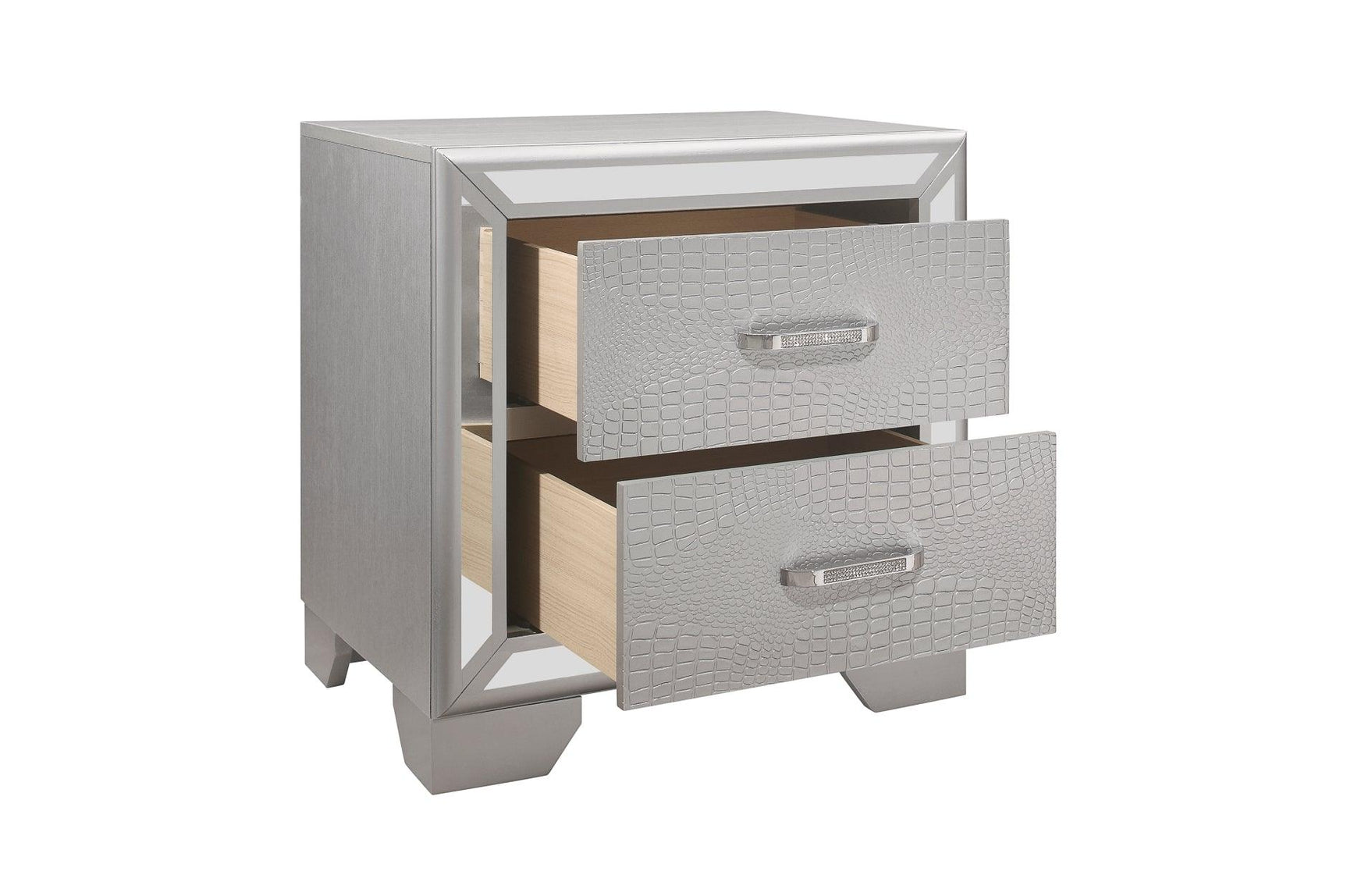 Bedroom view of Aveline Silver Faux Leather Upholstered Tufted Panel Bedroom Set bed