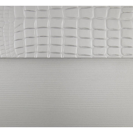 Aveline Silver queen bed showing embossed wood veneer and mirror trim