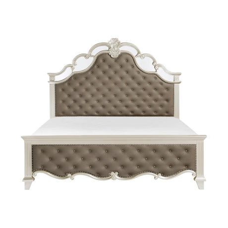 Ever Champagne Faux Leather Tufted King Panel Bed front view