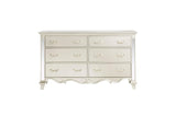 Front view of Ever Champagne Faux Leather Tufted Sleigh Bedroom Set bed with dresser