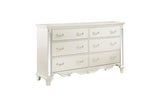 Side view of Ever Champagne Faux Leather Tufted Sleigh Bedroom Set bed and nightstand
