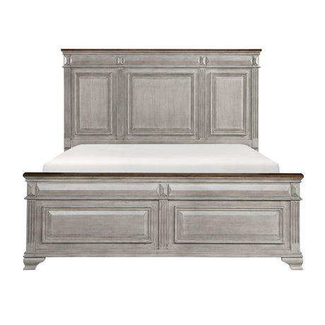 Marquette king bed with two-tone gray and brown oak veneer front view
